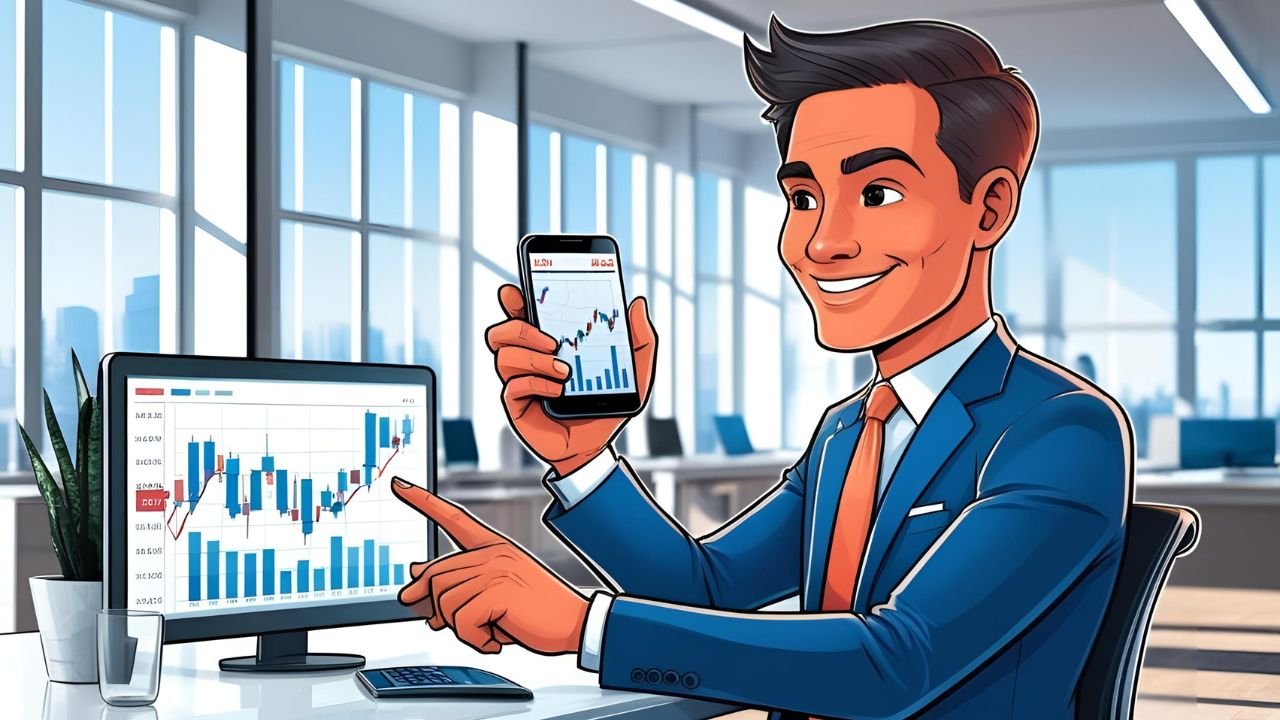 Smiling businessman in a suit pointing at a rising stock chart on a computer screen while holding a smartphone showing the same chart, sitting in a modern office with large windows.