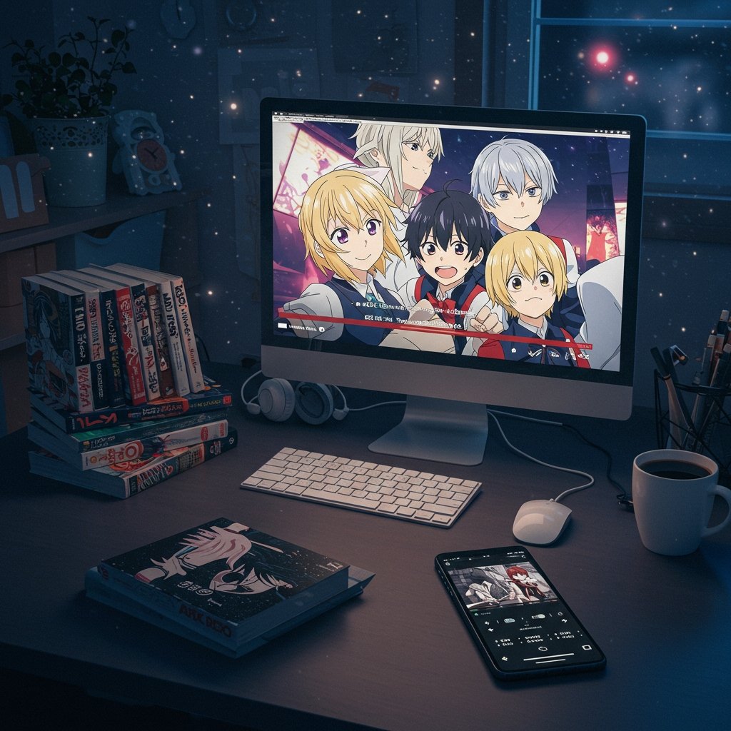 Laptop streaming an anime episode on Anime4Up, surrounded by manga books, headphones, and a smartphone displaying subtitles.
