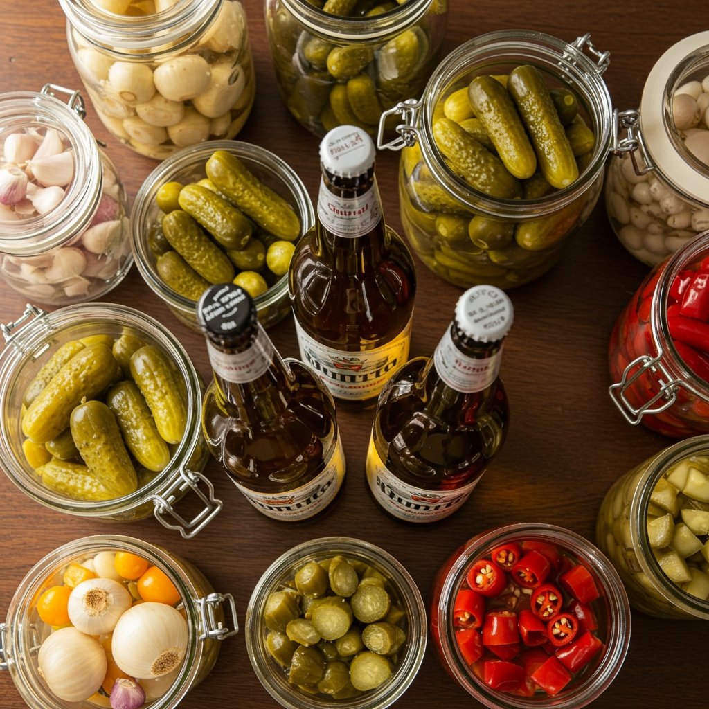 Glass jars of colorful pickled vegetables on a wooden table, symbolizing the tradition and layered meaning of sodziu.