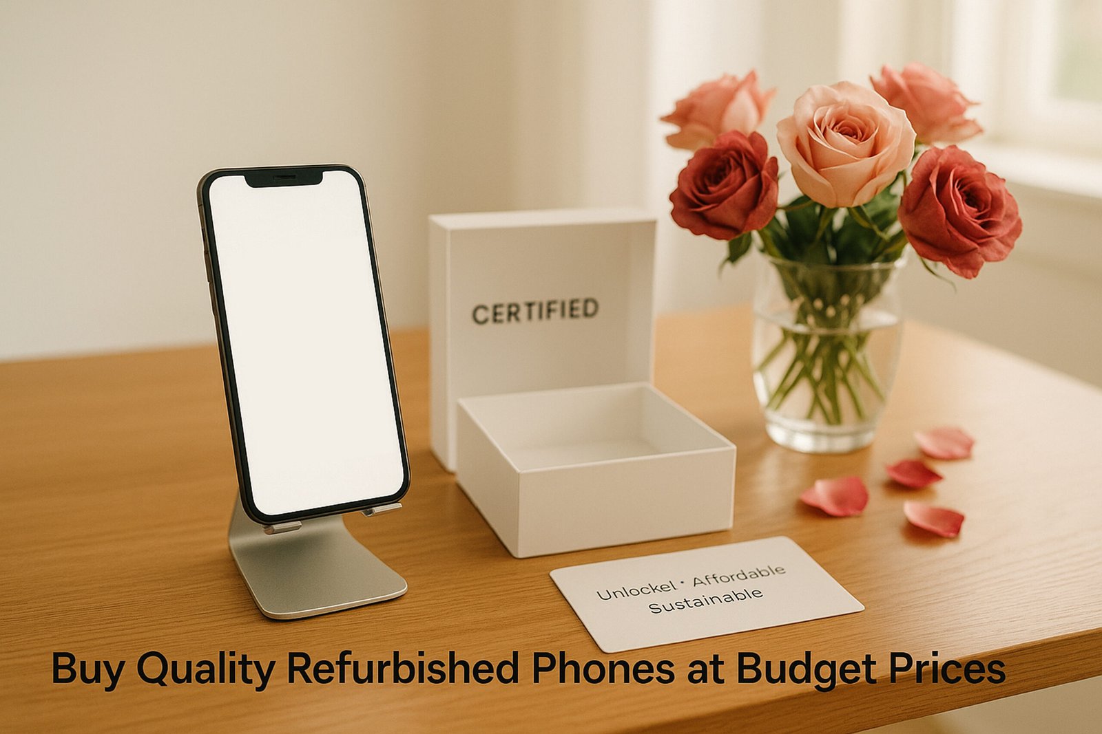 Premium refurbished smartphone on desk with roses, certified refurbished box, unlocked affordable sustainable branding
